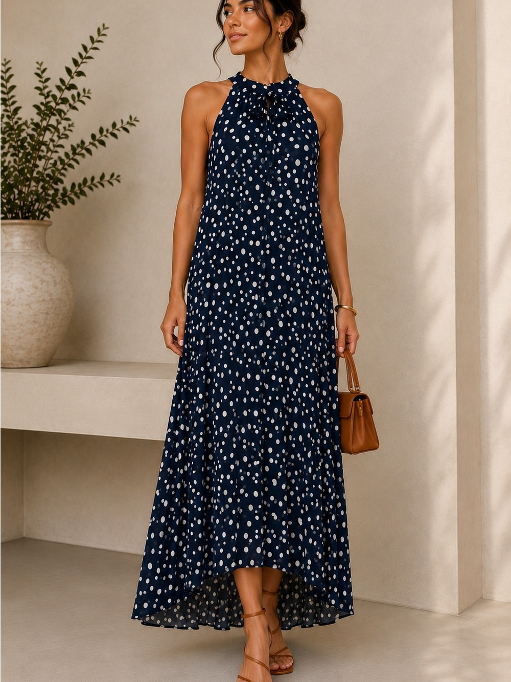Tahari ASL Navy White Polka Dot High-Low Maxi Dress NWT Size 12